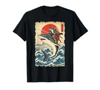 Gatto Samurai Che cavalca Uno squalo, Arte Giapponese delle Onde oceaniche Maglietta