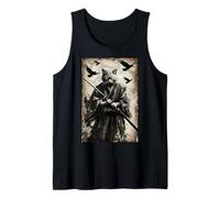 Gatto Samurai con Katana in Stile Inchiostro Giapponese Guerriero Anime Canotta