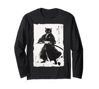 Gatto Samurai Giapponese Sumi-e Pittura Katana Art Maglia a Manica