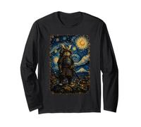 Gatto Samurai Notte Stellata Giappone Art Felino Van Gogh Guerriero Maglia a Manica