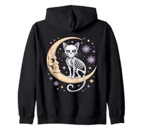 Gatto Scheletro sulla Luna Crescente Halloween Felpa con Cappuccio
