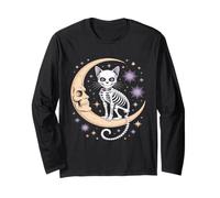 Gatto Scheletro sulla Luna Crescente Halloween Maglia a Manica