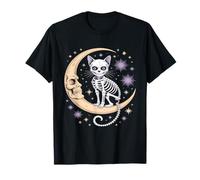 Gatto Scheletro sulla Luna Crescente Halloween Maglietta