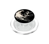 Gatto senza paura che cavalca una tavola da surf attraverso un enorme oceano di curling PopSockets PopGrip per MagSafe