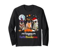 Gatto Siamese Halloween Buon Natale Happy Hallothanksmas Maglia a Manica
