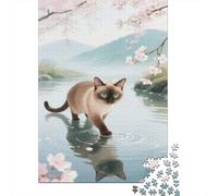 Gatto Siamese Jigsaw Puzzle Impossibili 1000 Pezzi Fiori di ciliegio River Decorazione Per La Casa. Rilassamento E Intelligence Per Adulti E Ragazzi Da 14 Anni 1000pcs (75x50cm)