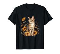 Gatto soriano con girasoli rustico botanico felino arte Maglietta