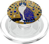 Gatto soriano in stile Gustav Klimt, motivo geometrico blu e oro PopSockets PopGrip per MagSafe