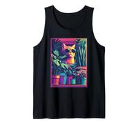 Gatto Soriano Zenzero con Occhiali da Sole Retrowave Piante Vaporwave Canotta