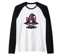 Gatto sotto Cappello Mago Stelle Halloween Maglia con Maniche Raglan