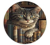 Gatto su Scaffale Puzzle 1000 Pezzi Rotondo Carta Puzzle per Adulti Stile Biblioteca Vintage