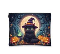 Gatto tela con cerniera, fantasioso cappello da strega con zucche festive, Halloween nero, portatile, con cerniera, borsa da viaggio per viaggi, toeletta, bagno, borsa per riporre oggetti e uso
