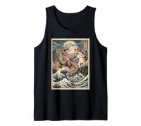 Gatto vs T-Rex Giapponese Ukiyo-e Kaiju Monster Art Canotta