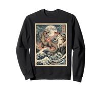 Gatto vs T-Rex Giapponese Ukiyo-e Kaiju Monster Art Felpa