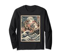 Gatto vs T-Rex Giapponese Ukiyo-e Kaiju Monster Art Maglia a Manica