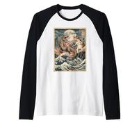 Gatto vs T-Rex Giapponese Ukiyo-e Kaiju Monster Art Maglia con Maniche Raglan