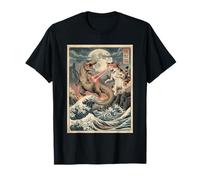 Gatto vs T-Rex Giapponese Ukiyo-e Kaiju Monster Art Maglietta