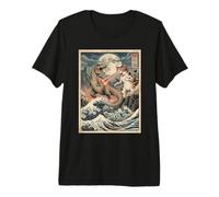 Gatto vs T-Rex Giapponese Ukiyo-e Kaiju Monster Art Maglietta Premium
