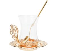 Gatuida Tazza da Tè in Vetro Versatile con Piattino e Cucchiaino Oro | Caffè, Tè e Succo, Design Elegante e Semplice, Adatta a Ufficio e Ristorante