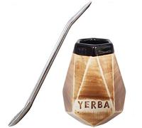 Gaucho Bruno Grande Tazza Geometrica in Ceramica per Yerba Mate Cannuccia Bombilla Riutilizzabile in Acciaio Inossidabile, Presa Anti-Scivolo e Fácile da Pulire,Tazza Angolare dai Toni Naturali