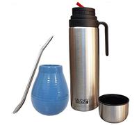 Gaucho Bruno Set Completo per Yerba Mate con Bombilla - Tazza di Ceramica, Cannuccia Riutilizzabile di Acciaio Inox e Fiaschetta da 1 Litro con Beccuccio Anti-Perdita - Kit da Viaggio - Azzurro