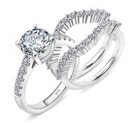 GAUDALGEM Moissanite Set di anelli da sposa da donna, taglio rotondo, colore D, VVS1 S925, in argento Sterling con placcatura in oro bianco 18 carati, promessa di fidanzamento, anniversario, fedi
