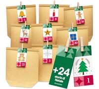 GAUDER Calendario dell’Avvento da riempire - 24 sacchetti in carta kraft marrone (18 x 22 x 6 cm) con cartoncini numerati natalizi, mollette in legno & corda di juta - Kit fai da te calendario Avvento