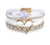 GAUEIOUR Braccialetti avvolgenti in pelle a forma di cuore da donna bianco intrecciato boho multistrato fibbia in lega larga polsini con ciondoli braccialetto per compleanno vacanza gioielli, 0,