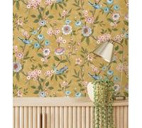 GAULAN 682907 - Papel pintado de flores y pájaros fondo ocre estilo floral romántico per pareti soggiorno camera da letto corridoio ragazzi sala da - Rotolo di 10 m x 0,52 m