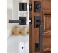 Gaurqiah Set di maniglie per porta d'ingresso e serratura a catenaccio, set di serrature per porte esterne con catenaccio singolo cilindro set reversibile per lato destro e sinistro, nero opaco
