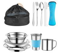 Gavetta Scout, Stoviglie Blu 10 PCS, Campeggio in Acciaio Inox con Posate, Forchette, Ciotole e Bacinelle, Gavetta Scout 1-2 Persona, Posate da Campeggio per Picnic, Campeggio e Viaggi all'aperto