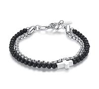 GAVU Bracciale Croce da Uomo con Doppio Filo di Perline di Pietre Naturali e Acciaio Inossidabile, Bracciale da Uomo Onice Nero Opaco con Charm Croce