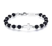 GAVU Bracciale Croce da Uomo con Perline di Pietra Naturale Onice Opaco e Acciaio Inossidabile M