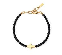 GAVU Bracciale Croce da Uomo con Perline di Pietre Naurali Onice Nero Opaco e Acciaio Inox Placcato Oro
