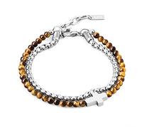 GAVU Bracciale Croce da Uomo Doppio Strato con Perline di Pietra Dura Occhio di Tigre Marrone e Acciaio Inossidabile