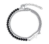GAVU Bracciale Croce da Uomo Multistrato con Perline di Pietra Onice Opaco e Catena in Acciaio Inossidabile