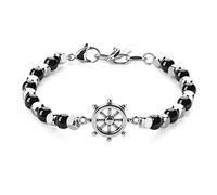 GAVU Bracciale di Perline da Uomo con Pietra Dura Tormalina Nera e Pepite Quadrate di Acciaio Inossidabile e Charm Timone