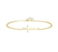 GAVU Bracciale Donna Argento Placcato Oro 14K con Charm Croce, Bracciale Oro da Donna con Croce Laterale, Regalo Cresima e Comunione