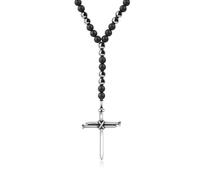 GAVU Collana Croce da Uomo, Collana a Y Rosario da Uomo di Perline di Onice Opaco e Ematite con Ciondolo Croce di Acciaio Inox