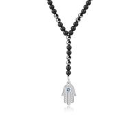 GAVU Collana da Uomo di Perline di Onice Opaco ed Ematite, Collana a Y da Uomo in Pietre Dure con Ciondolo Mano di Fatima con Occhio Turco