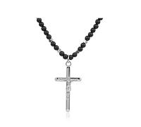 GAVU Collana Rosario da Uomo con Perline di Cristallo di Onice Opaco e Ciondolo Croce Cristiana con Gesù Crocefisso 50cm