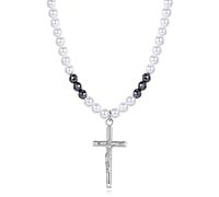 GAVU Collana Rosario da Uomo e da Donna di Perle di Conchiglia e Pietra Naturale Ematite con Ciondolo Croce Cristiana, Crocefisso Collana da Uomo 50cm