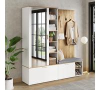 GAWYOEX Set di appendiabiti da 180 cm, con panchina, scarpiera e specchio, armadio con 4 ganci e asta appendiabiti estensibile, guardaroba compatto, mobili da corridoio (bianco + marrone)