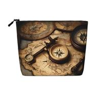 GaxfjRu akeUp - Trousse da viaggio con stampa di bussola e vecchia mappa del mondo, borsa da toilette con cerniera, organizer per trucchi da donna, nero, taglia unica, Nero , Taglia unica