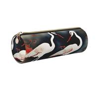 GaxfjRu Astuccio rotondo in ecopelle con due gru giapponesi che volano con pittura tradizionale, per penne, matite, pennarelli, piccoli oggetti con cerniera in metallo e pelle, Oro, Taglia unica