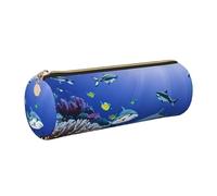 GaxfjRu Astuccio rotondo in ecopelle con squalo che nuota sotto il mare, per penne, matite, pennarelli, piccoli oggetti con cerniera in metallo e pelle, Oro, Taglia unica, Porta carte