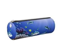 GaxfjRu Astuccio rotondo in ecopelle con squalo che nuota sotto il mare, per penne, matite, pennarelli, piccoli oggetti con cerniera in metallo e pelle, Argento, Taglia unica, Porta carte