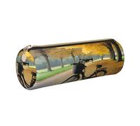 GaxfjRu Astuccio rotondo in finta pelle con albero autunnale con bici antiche, per penne, matite, pennarelli, piccoli oggetti con cerniera in metallo e pelle, Oro, Taglia unica, Porta carte