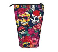 GaxfjRu Astuccio telescopico portatile con stampa di teschi e fiori, organizer con scomparti multipli, per strumenti di scrittura e accessori