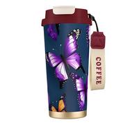 GaxfjRu Bella farfalla viola 590 ml con coperchio, tazza da caffè in acciaio inox isolata sottovuoto, bicchiere per bevande calde e fredde
